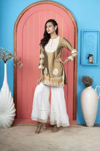 Antique-gold silk embroidered straight cut kurta & sharara set