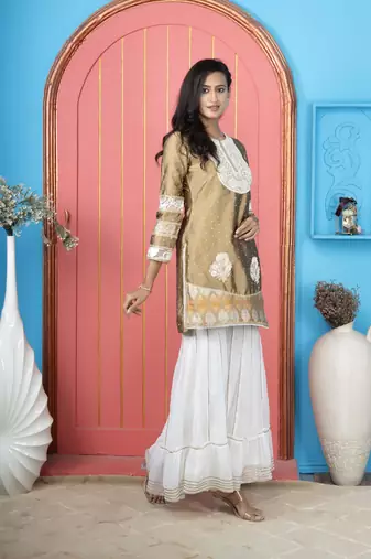 Antique-gold silk embroidered straight cut kurta & sharara set