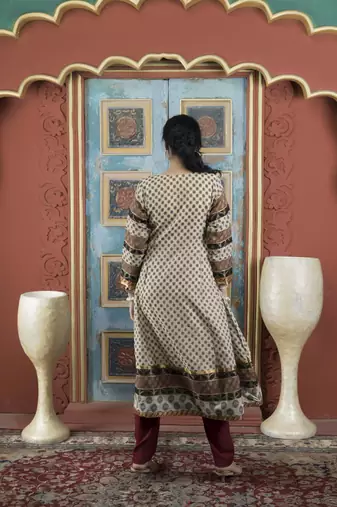 Beige silk embroidered anarkali kurta & pants set