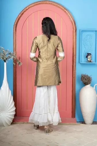 Antique-gold silk embroidered straight cut kurta & sharara set