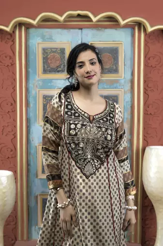 Beige silk embroidered anarkali kurta & pants set