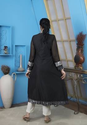 Black art silk embroidered anarkali kurta & pants set 5