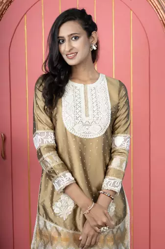 Antique-gold silk embroidered straight cut kurta & sharara set