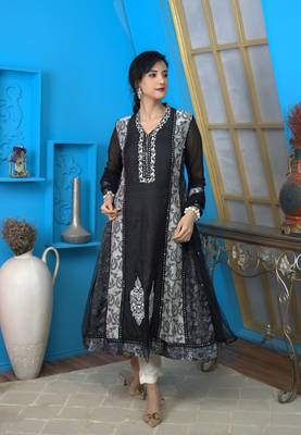 Nikhaar black embroidered art silk stitched anarkali trouser kurta & dupatta  3