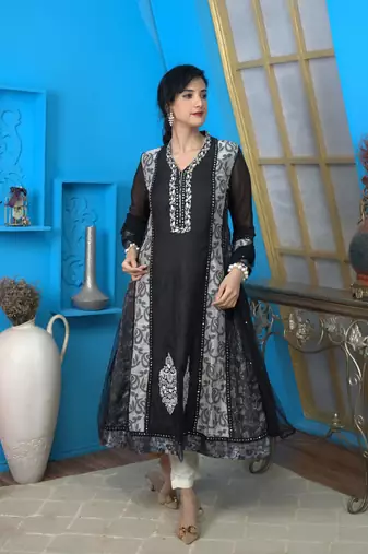 Nikhaar black embroidered art silk stitched anarkali trouser kurta & dupatta 