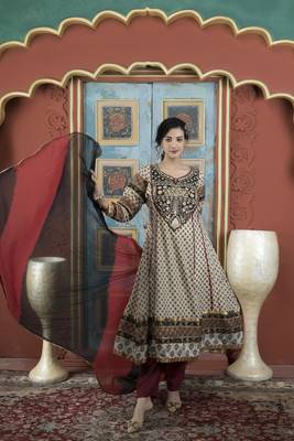 Beige embroidered silk stitched anarkali trouser kurta & dupatta  1