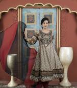 Beige embroidered silk stitched anarkali trouser kurta & dupatta 