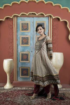 Beige embroidered silk stitched anarkali trouser kurta & dupatta  3