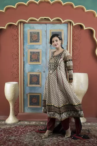Beige embroidered silk stitched anarkali trouser kurta & dupatta 