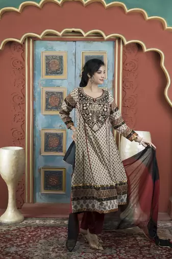 Beige embroidered silk stitched anarkali trouser kurta & dupatta 