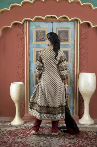Beige embroidered silk stitched anarkali trouser kurta & dupatta 