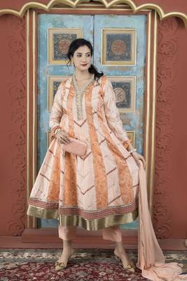 Peach embroidered silk stitched anarkali trouser kurta & dupatta  1