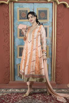 Peach embroidered silk stitched anarkali trouser kurta & dupatta  3