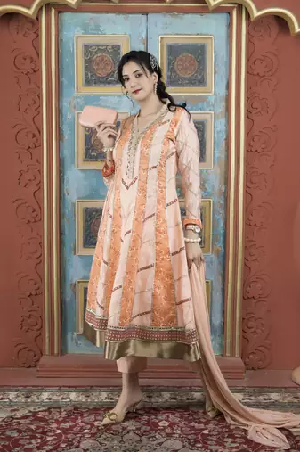 Peach embroidered silk stitched anarkali trouser kurta & dupatta 