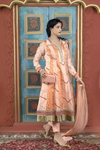 Peach embroidered silk stitched anarkali trouser kurta & dupatta 