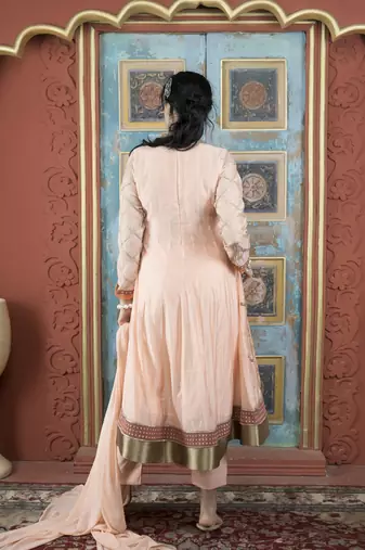 Peach embroidered silk stitched anarkali trouser kurta & dupatta 