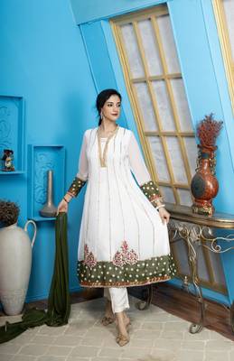 Off-white embroidered georgette stitched anarkali trouser kurta & dupatta  1