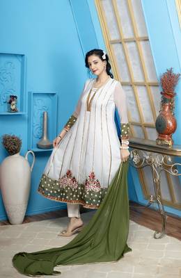 Off-white embroidered georgette stitched anarkali trouser kurta & dupatta  3