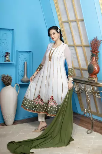 Off-white embroidered georgette stitched anarkali trouser kurta & dupatta 