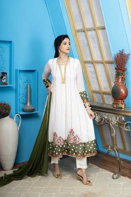 Off-white embroidered georgette stitched anarkali trouser kurta & dupatta  4