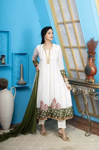 Off-white embroidered georgette stitched anarkali trouser kurta & dupatta 