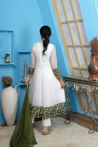 Off-white embroidered georgette stitched anarkali trouser kurta & dupatta 