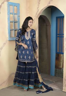 Navy-blue embroidered silk readymade straight cut sharara kurta & dupatta  suits 1