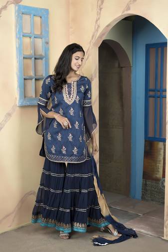 Navy-blue embroidered silk readymade straight cut sharara kurta & dupatta  suits