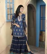 Navy-blue embroidered silk readymade straight cut sharara kurta & dupatta  suits