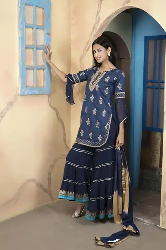 Navy-blue embroidered silk readymade straight cut sharara kurta & dupatta  suits