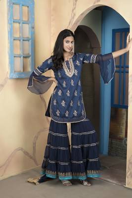 Navy-blue embroidered silk readymade straight cut sharara kurta & dupatta  suits 4