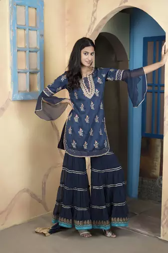 Navy-blue embroidered silk readymade straight cut sharara kurta & dupatta  suits