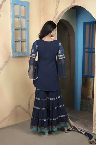 Navy-blue embroidered silk readymade straight cut sharara kurta & dupatta  suits