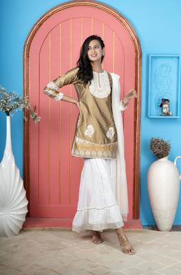 Antique-gold embroidered silk stitched straight cut sharara kurta & dupatta  1