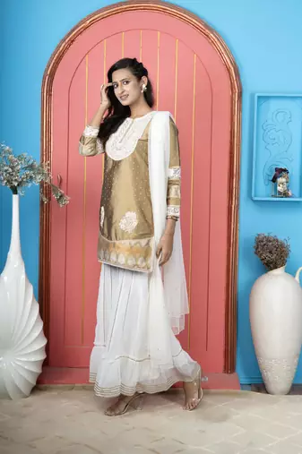 Antique-gold embroidered silk stitched straight cut sharara kurta & dupatta 