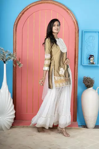 Antique-gold embroidered silk stitched straight cut sharara kurta & dupatta 