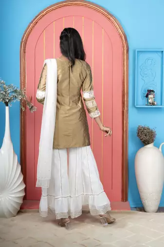 Antique-gold embroidered silk stitched straight cut sharara kurta & dupatta 