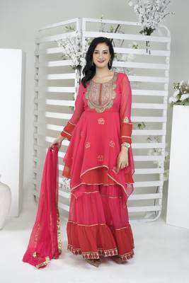 Pink embroidered georgette readymade asymmetrical sharara kurta & dupatta  suits 1