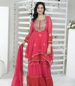 Pink embroidered georgette readymade asymmetrical sharara kurta & dupatta  suits