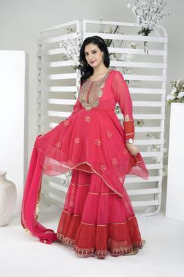 Pink embroidered georgette readymade asymmetrical sharara kurta & dupatta  suits 3