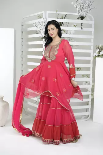 Pink embroidered georgette readymade asymmetrical sharara kurta & dupatta  suits