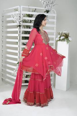 Pink embroidered georgette readymade asymmetrical sharara kurta & dupatta  suits 4