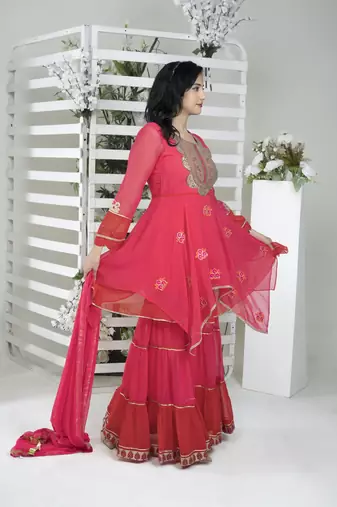 Pink embroidered georgette readymade asymmetrical sharara kurta & dupatta  suits