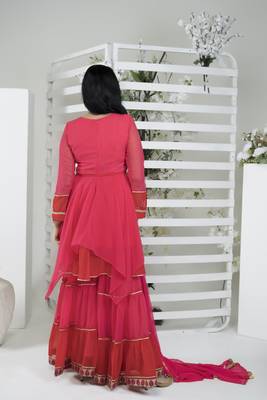 Pink embroidered georgette readymade asymmetrical sharara kurta & dupatta  suits 5