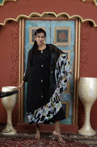 Black embroidered georgette stitched asymmetrical palazzo kurta & dupatta 