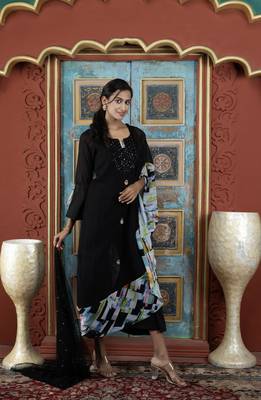 Black embroidered georgette stitched asymmetrical palazzo kurta & dupatta  3