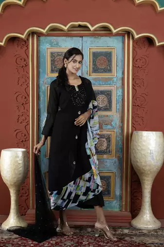 Black embroidered georgette stitched asymmetrical palazzo kurta & dupatta 