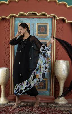 Black embroidered georgette stitched asymmetrical palazzo kurta & dupatta  4