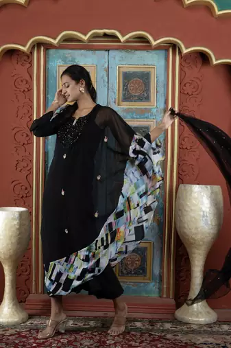 Black embroidered georgette stitched asymmetrical palazzo kurta & dupatta 
