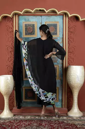 Black embroidered georgette stitched asymmetrical palazzo kurta & dupatta 